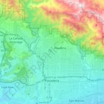 Mapa topográfico Pasadena, altitude, relevo