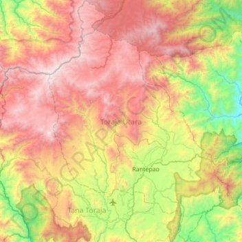 Mapa topográfico Toraja Utara, altitude, relevo