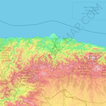 Mapa topográfico Astúrias, altitude, relevo