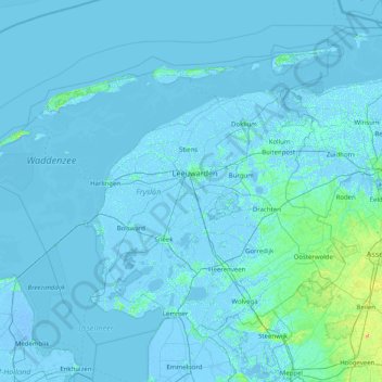 Mapa topográfico Fryslân, altitude, relevo