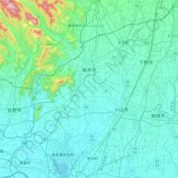 Mapa topográfico Tochigi, altitude, relevo