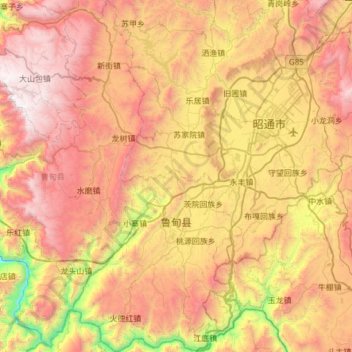 Mapa topográfico 鲁甸县, altitude, relevo