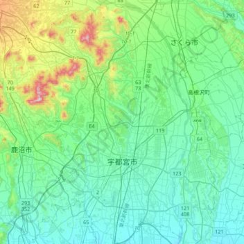 Mapa topográfico Utsunomiya, altitude, relevo