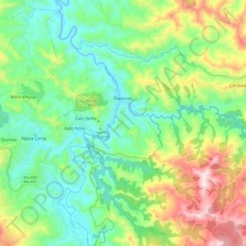 Mapa topográfico Raposos, altitude, relevo