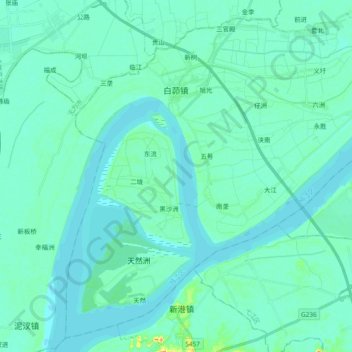 Mapa topográfico 白茆镇, altitude, relevo