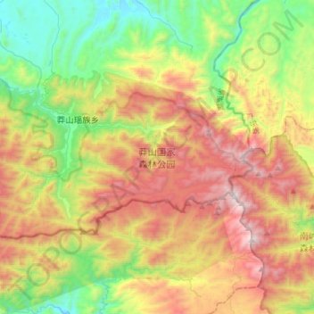 Mapa topográfico 莽山国家森林公园, altitude, relevo