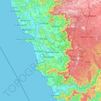 Mapa topográfico Goa, altitude, relevo