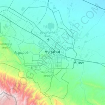 Mapa topográfico Asgabate, altitude, relevo
