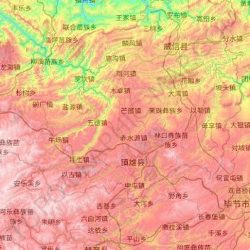 Mapa topográfico 镇雄县, altitude, relevo