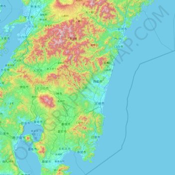 Mapa topográfico Kyushu Region, altitude, relevo
