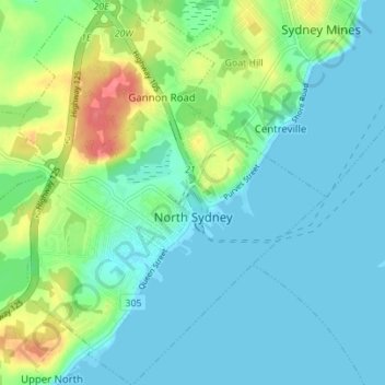 Mapa topográfico North Sydney, altitude, relevo