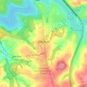 Mapa topográfico Jacobus, altitude, relevo
