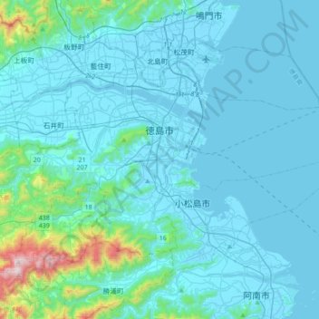Mapa topográfico Tokushima, altitude, relevo