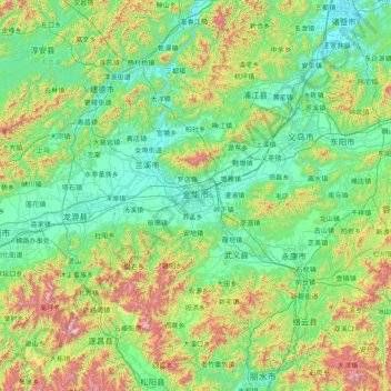 Mapa topográfico 金华市, altitude, relevo