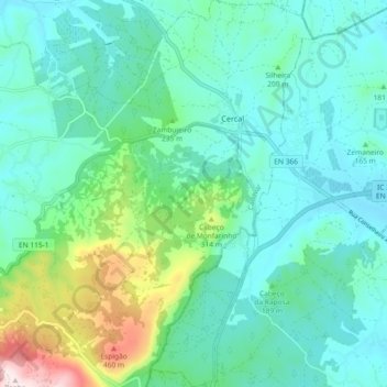 Mapa topográfico Cercal, altitude, relevo