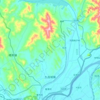 Mapa topográfico 九连城镇, altitude, relevo