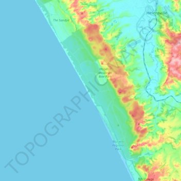 Mapa topográfico Muriwai Beach, altitude, relevo