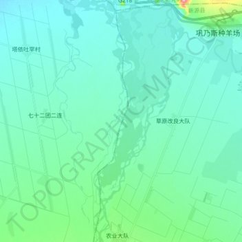Mapa topográfico 特克斯河, altitude, relevo