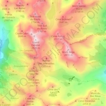 Mapa topográfico Zone réglementée des Merveilles, altitude, relevo