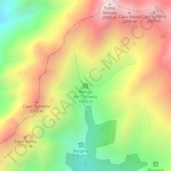 Mapa topográfico Refuge de Tighiettu, altitude, relevo