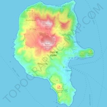 Mapa topográfico Isola di Lipari, altitude, relevo