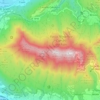 Mapa topográfico Campo dei Fiori, altitude, relevo