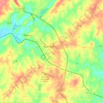 Mapa topográfico Roanoke, altitude, relevo