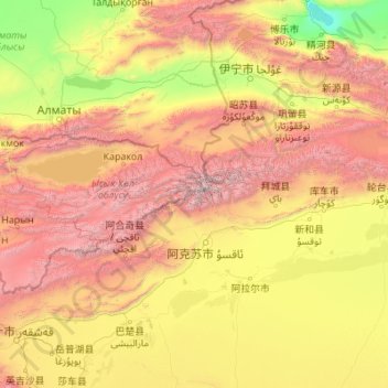 Mapa topográfico Tian Shan, altitude, relevo