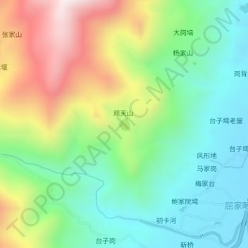 Mapa topográfico 观天山水库, altitude, relevo