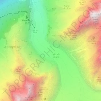Mapa topográfico Mer de Glace, altitude, relevo