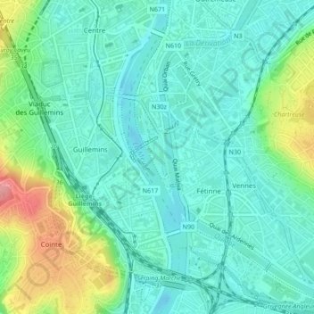 Mapa topográfico Parc de la Boverie, altitude, relevo