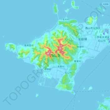 Mapa topográfico 西山岛, altitude, relevo