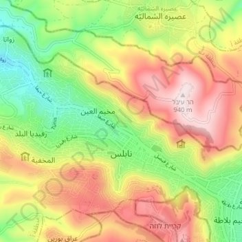 Mapa topográfico Nablus, altitude, relevo