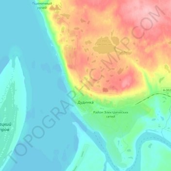 Mapa topográfico Дудинка, altitude, relevo