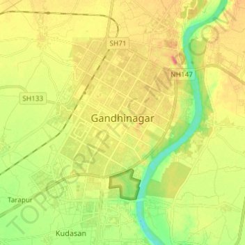Mapa topográfico Gandhinagar, altitude, relevo