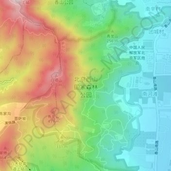 Mapa topográfico 北京西山国家森林公园, altitude, relevo