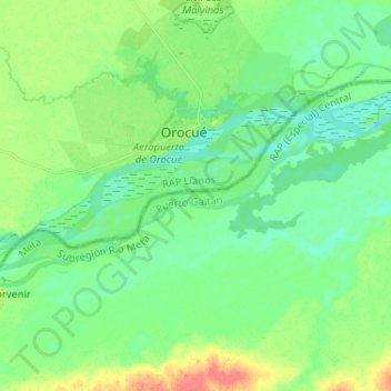 Mapa topográfico Río Meta, altitude, relevo
