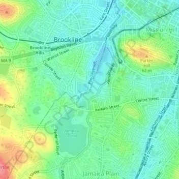 Mapa topográfico Brookline, altitude, relevo