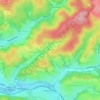 Mapa topográfico Monsau, altitude, relevo