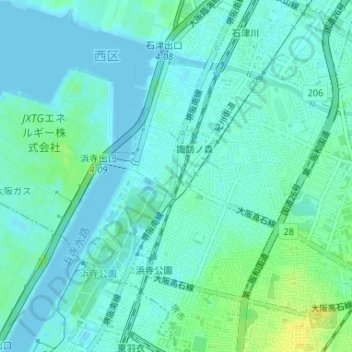 Mapa topográfico 浜寺船尾町西はまなす広場, altitude, relevo