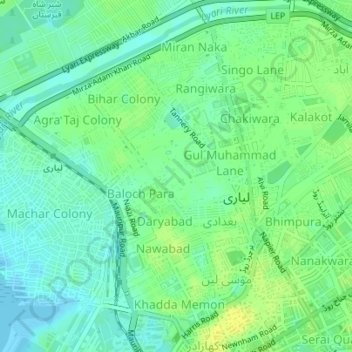 Mapa topográfico Lyari Town, altitude, relevo