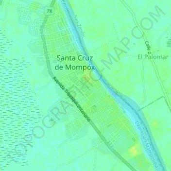 Mapa topográfico Santa Cruz de Mompós, altitude, relevo