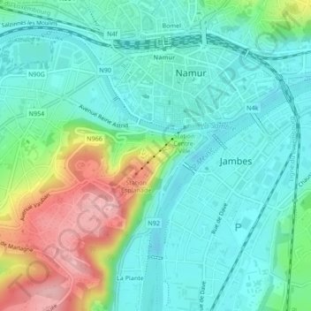 Mapa topográfico Citadelle de Namur, altitude, relevo