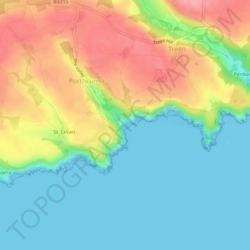 Mapa topográfico Porthcurno, altitude, relevo