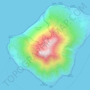 Mapa topográfico Isola di Stromboli, altitude, relevo