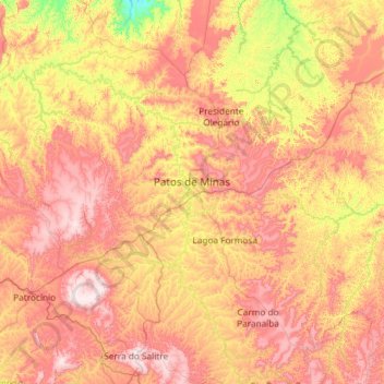 Mapa topográfico Patos de Minas, altitude, relevo