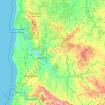 Mapa topográfico Odemira, altitude, relevo