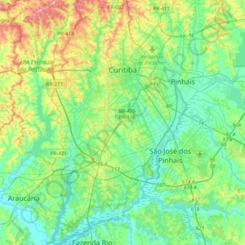 Mapa topográfico Curitiba, altitude, relevo